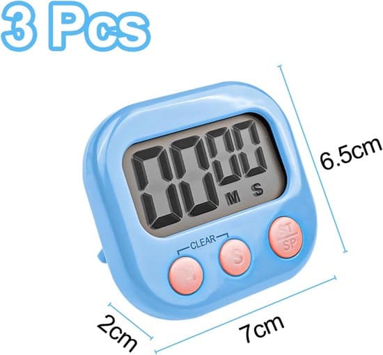 3-pack digitala äggklockor med magnetisk bas och vikbart stativ, stor LCD-skärm, vit, blå, grön