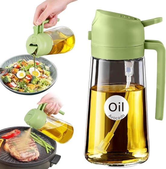 2-i-1 glas olivenoliedispenser, 470 ml, spray/hæld til køkken, airfryer, grill (grøn)