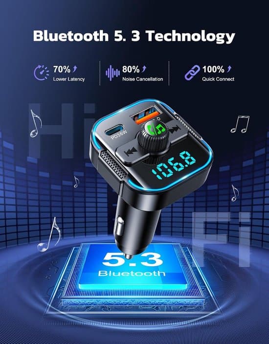 Bluetooth FM-sändare - Bluetooth 5.3 - PD 36W + QC 18W snabbladdning - Dubbla mikrofoner - Handsfree-samtal - Stöder Siri och musikassistent