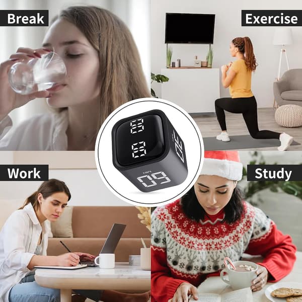 Flip Gravity Sensor Terning Timer med Nedtællingstilstande, Lydløs/Vibrations-tilstande, 5/10/30/60 Min & Brugerdefinerede Timere til ADHD (Sort)