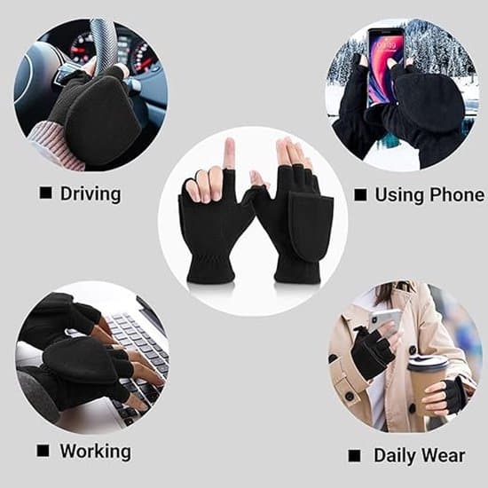 2-i-1 Handsker - 21*10cm - Polyester - Sort - Vinterhandsker - Fingerløse - Varme - Velcrolukning - Unisex - Elastisk håndledsrem