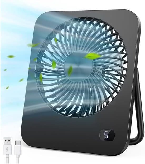 Stille Skrivebordsventilator – USB Batterifri Ventilator – 5 Vindhastigheder – 180° Justerbar – Sort