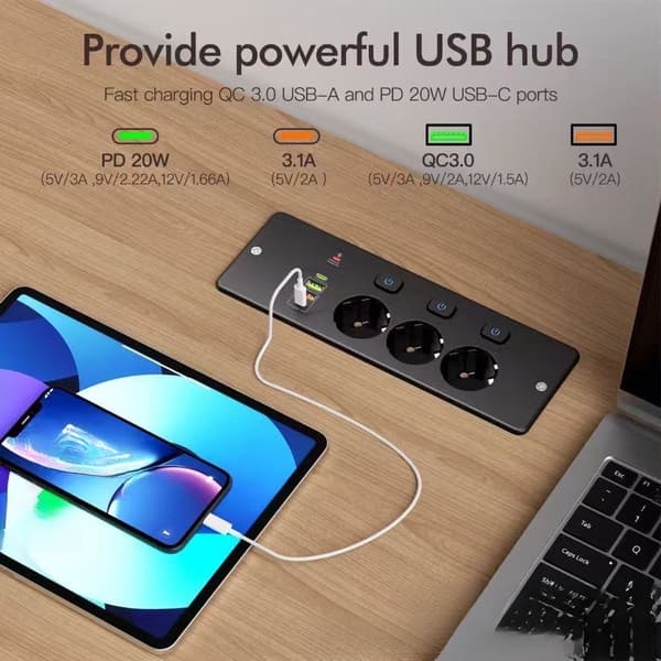 Udtrækkelig Skrivebordsstikdåse - 3 Huller - 4 USB-porte - USB-C - Sort
