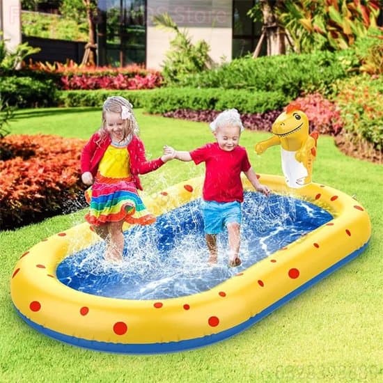 Oppustelig dinosaurpool med indbygget springvandsfunktion til børn