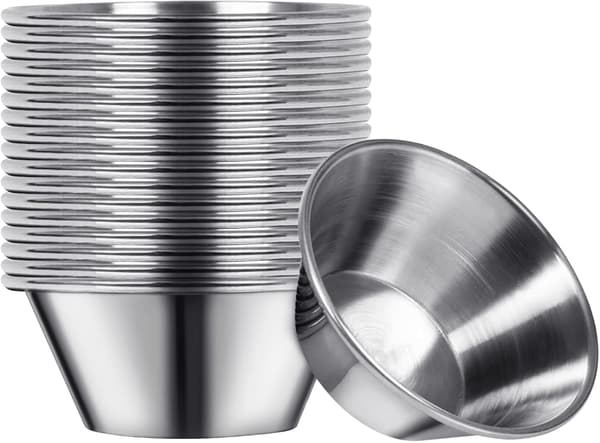 18-delt krydderikopsæt i rustfrit stål, perfekt til dips og serveringskopper, 1,5 oz - sølv