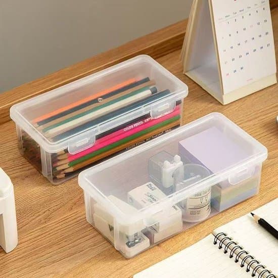 Pennfodral med fällbart lock - plast - stor kapacitet - stapelbart - set om 2 - transparent