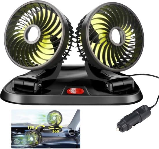 12V Dobbelt-hoved Bilventilator – 360° Rotation – Instrumentbrætventilator – Cigarettænderinterface
