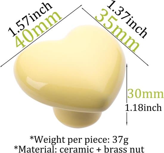 Hjerteformede keramiske møbelknopper (6-pak) - Lysegul