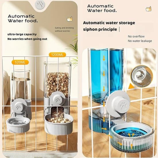 Automatisk Foder- och Vattendispenser Set Kanin-Marsvin Hängande Gravitation 1200ml Grå