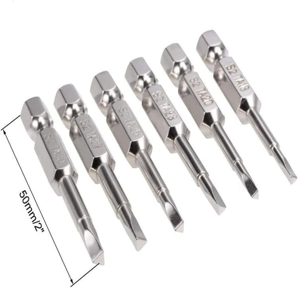 6-delars set med 50 mm 1/4\" magnetiska sexkantsskaftade triangulära skruvmejselbits, S2 stål och triangulära borr.