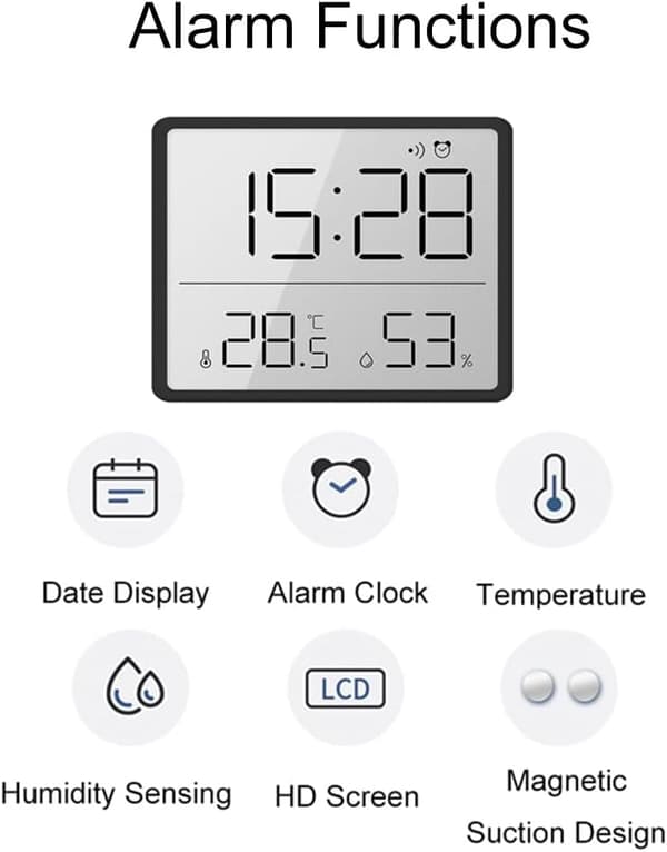 Digitalt termometer og hygrometer, lille LCD-vækkeur - sort