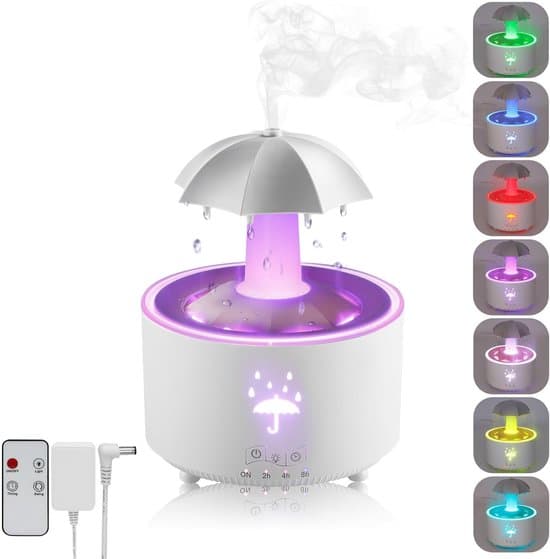 Luftfugter, Aroma Diffuser, Paraply Luftfugter, Roterende Paraply Dråbe Luftfugter, Aromaterapi Diffuser med 7-farvet LED-belysning, Hvid, 300 ml