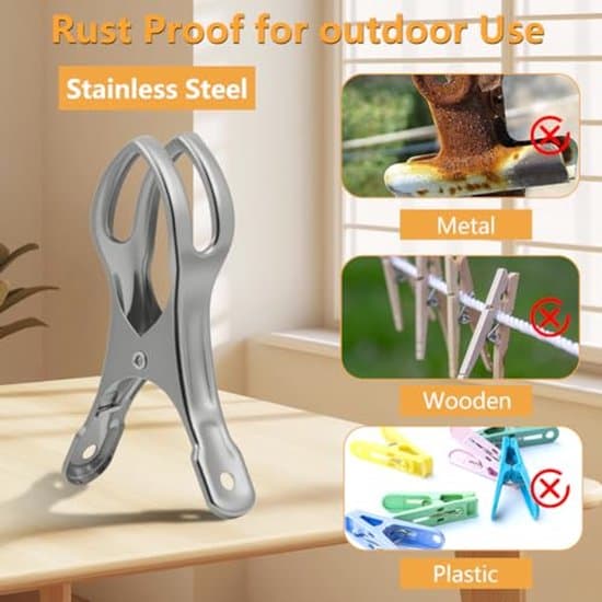 Badehåndklædeklemmer i rustfrit stål - 12 stk. vindtætte - Robust design