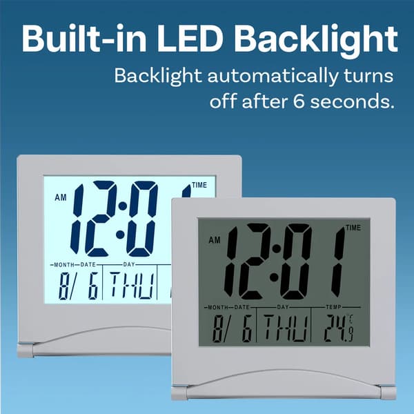 Digital väckarklocka med LCD-vikbar design - bakgrundsbelyst skrivbordsklocka - silver