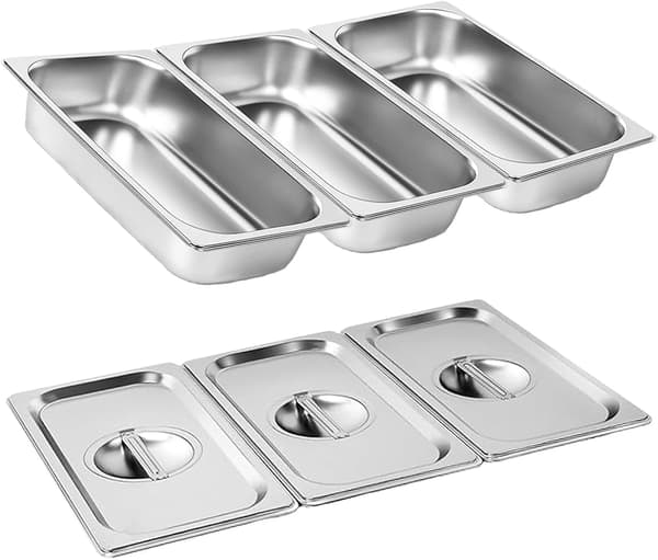 3-delt rektangulær bageplade i rustfrit stål med låg (32,5x17,5x6,5cm), madopbevaringsfade.