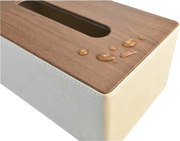 Näsdukslåda, rektangulär servettlåda i läder, trälock - beige