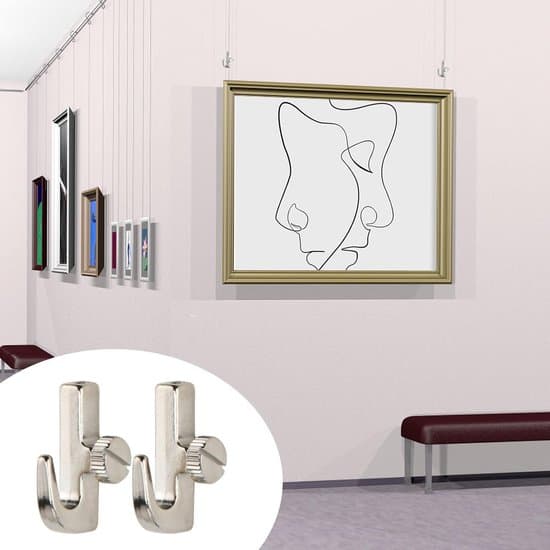 Set med 10 mini silver skruvkrokar för tavelupphängningssystem.