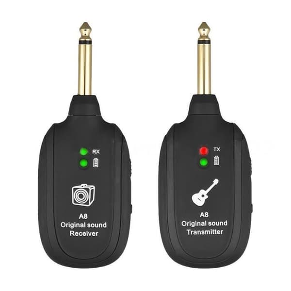 Ett trådlöst gitarrsystem för laddningsbara gitarrer, inklusive en trådlös gitarrsändare och mottagare.