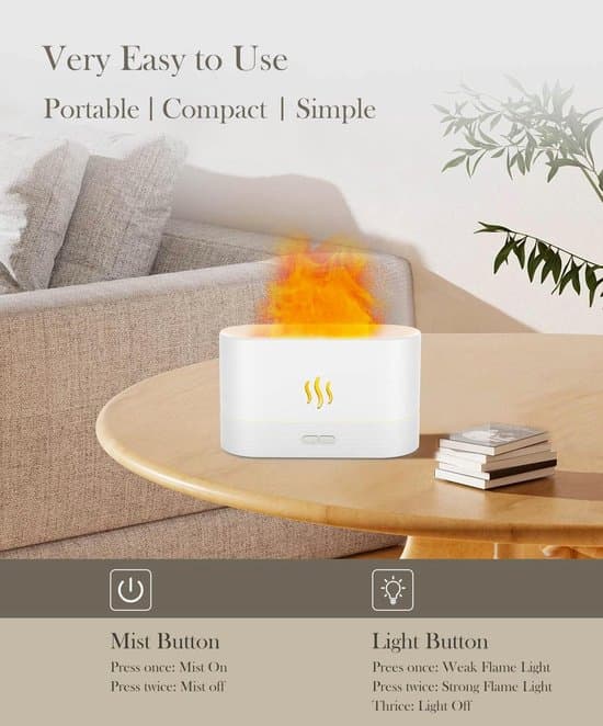 Simuleret Flamme Luftfugter, Flamme Diffuser, 17,1 x 7,5 x 10,1 cm, Æterisk Olie Duftdiffuser, Ultralyd Aroma Diffuser, Sort