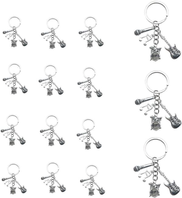 15 musiknyckelringar - trumset, gitarr, mikrofon, noter - silver