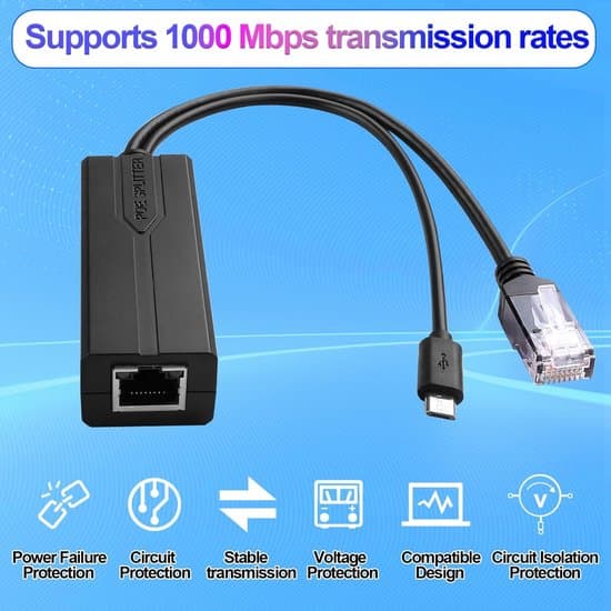 Splitter, Micro USB-interface, 48V til 5V, egnet til gigabit netværkskameraer og enheder.