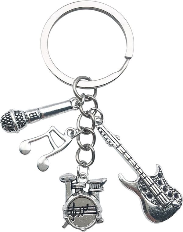 15 musiknyckelringar - trumset, gitarr, mikrofon, noter - silver