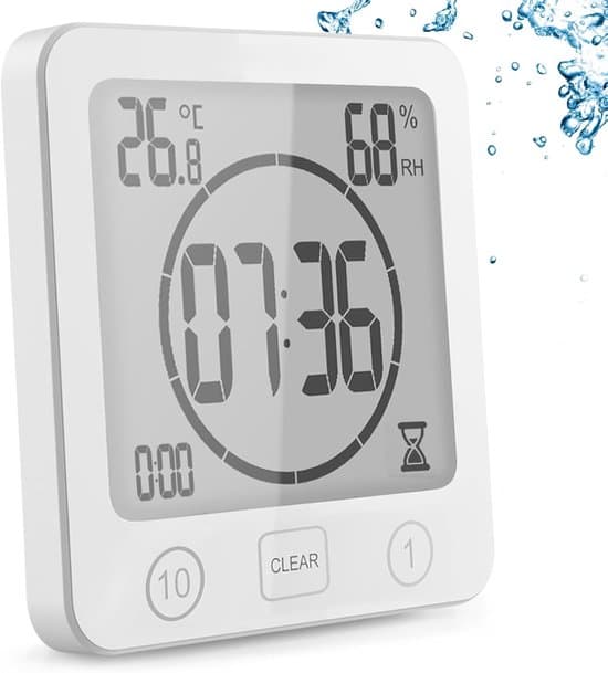 Vattentät badrumsduschklocka med sugkopp, hygrometer termometer nedräkning LCD, vit