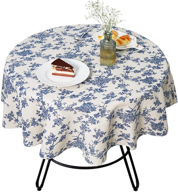 Blommigt bomullslinne duk, rund, 150 cm, blå