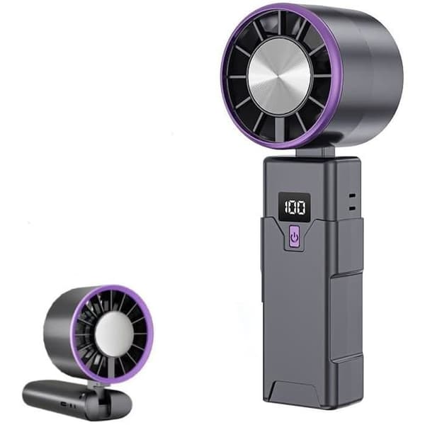 Genopladelig bærbar ventilator, 5 vindhastighedsindstillinger, LED digitalt display, foldbar base, lang batterilevetid, Type-C interface, grå.