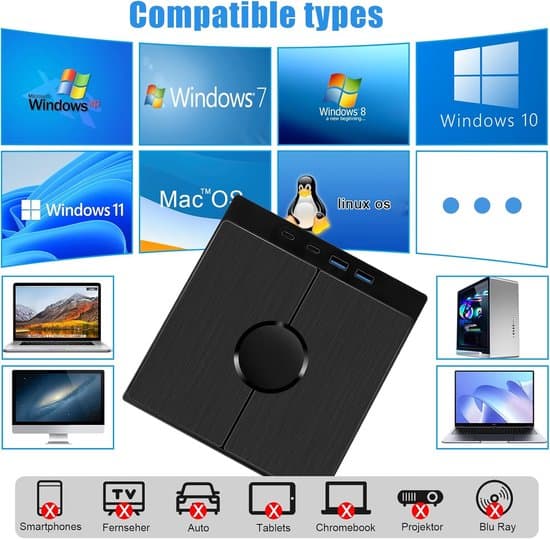 Eksternt CD-DVD-drev, USB 3.0 Type-C, +/-RW-brænder, USB/SD/TF-læser, til PC/Mac, Win/Linux