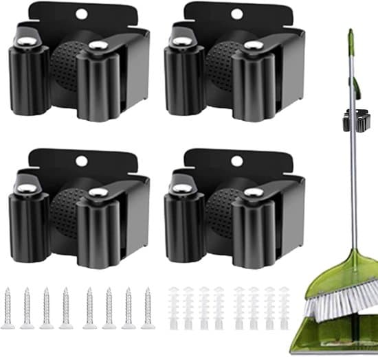 4-delt vægmonteret magnetisk kost- og moppeholder sæt - Sort