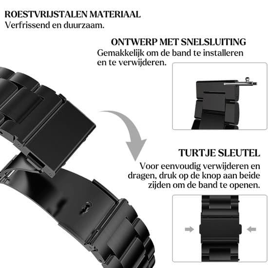 Unisex rustfrit stålrem - 22mm - Sort - Vandafvisende - Quick-Release