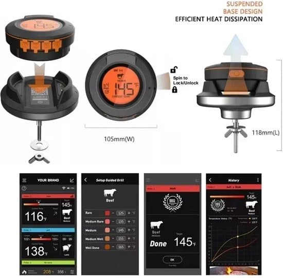 Digital trådlös Bluetooth kötttermometer, stöder 2/4 prober, IP54 vattentät