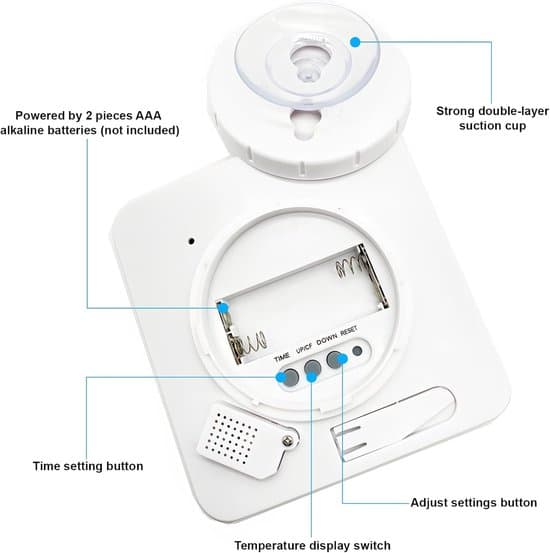 Vattentät badrumsduschklocka med sugkopp, hygrometer termometer nedräkning LCD, vit