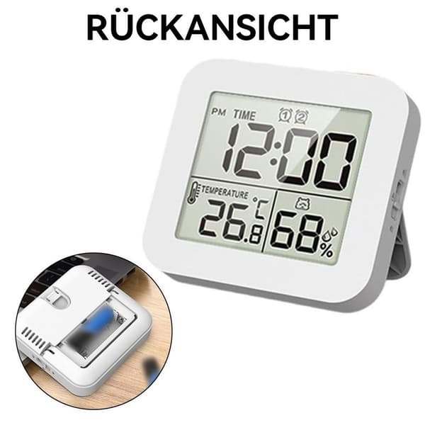 Digitalt termometer og hygrometer, med ur og timer, 12/24-timers format, nedtællingstimer, 2 alarmer, hvid.