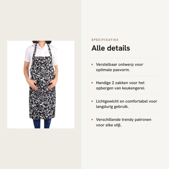 - Justerbart förkläde - Polyester - 2 fickor - 56 cm bredd - 80 cm längd - 5 mönster - Lättvikt - Köksförkläde