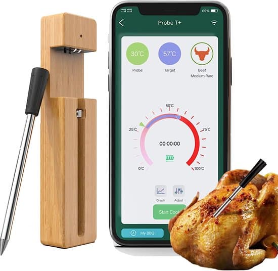Trådløst Kødtermometer (med app) - Bluetooth BBQ Termometer - Ovntermometer - BBQ Tilbehør - Rustfrit Stål - Sort