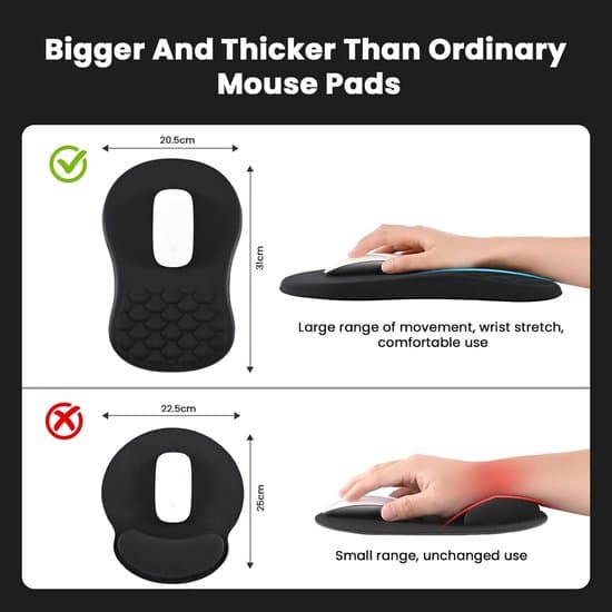 Ergonomisk musemåtte med håndledsstøtte/massagedesign, gaming musemåtte, musemåtter til smertelindring med glat Lycra-overflade og skridsikker PU-base, sort