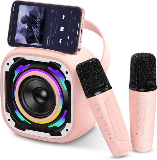 Mini karaokemaskin för barn med 2 mikrofoner, Bluetooth-högtalare