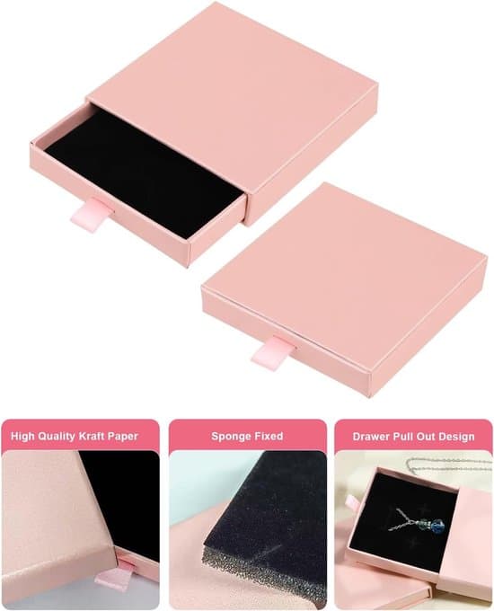 9x9x1,7 cm rosa smyckespresentask i papper med displayställ för halsband