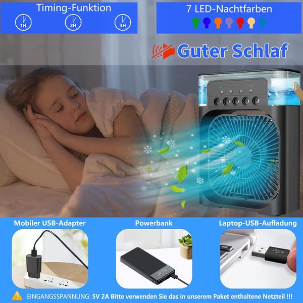 Bærbar 3-trins USB-bordmini-airconditionventilator med 360° oscillation og timer (sort)