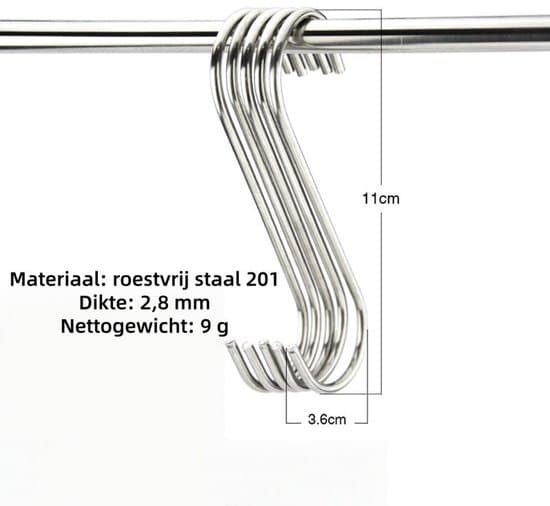 50-pack 110x36x2,8 mm silver S-formade krokar i rostfritt stål