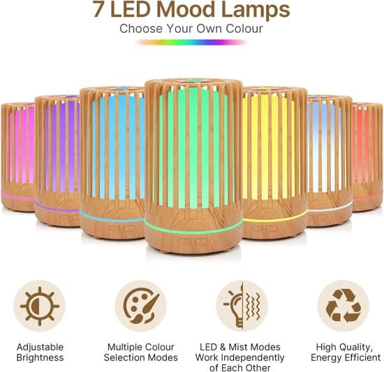 Æterisk Olie Diffuser, 200 ml Aroma Diffuser med 7-farvet LED og Automatisk Slukning.