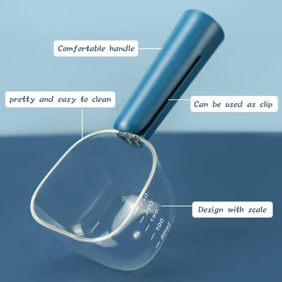 1-pak 250 ml måleske til kæledyrsfoder med klips - Plastik skovl til hunde- og kattefoder - Blå - 18,5 × 6,5 × 6,5 cm