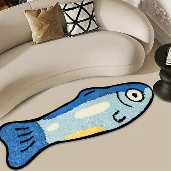 Blå fiskemønstret gulvmåtte - 60cm x 90cm - Sort