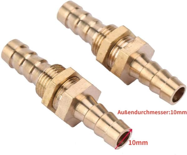 To 10 mm messing slangestuds-adaptere til slangeforbindelse.