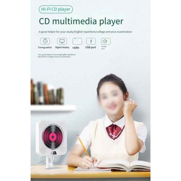 Multifunktionell CD-spelare, Bluetooth, fjärrkontroll, timer, digital display, minnesfunktion, väggmonterbar, vit.
