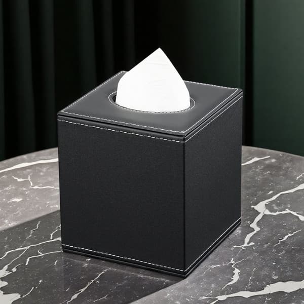 Faux læder rektangulær tissueboks (sort, 13,5x13,5x14,7cm)