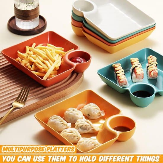 4-delt firkantet dumpling/snackfad sæt - ruminddelt - grøn/orange/gul