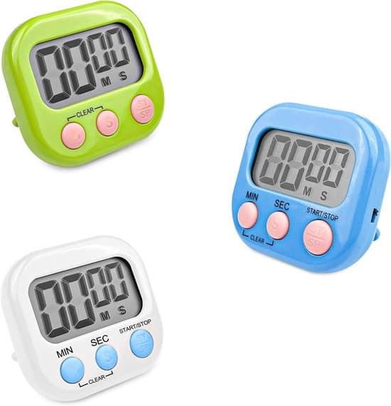 3-pack digitala äggklockor med magnetisk bas och vikbart stativ, stor LCD-skärm, vit, blå, grön